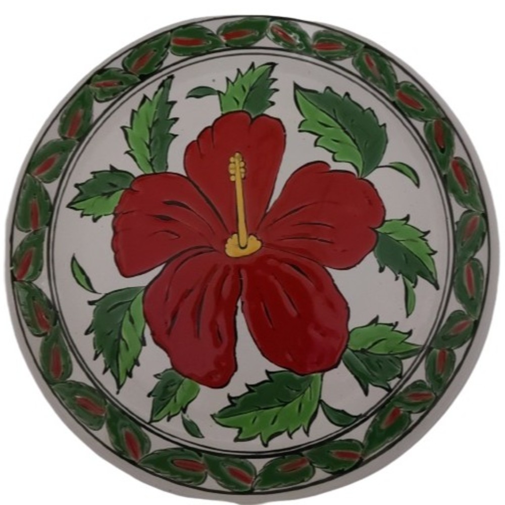 Nassos Rodos-Hellas Handmade Ceramic Pottery Plate Hibiscus 7" Red Green White